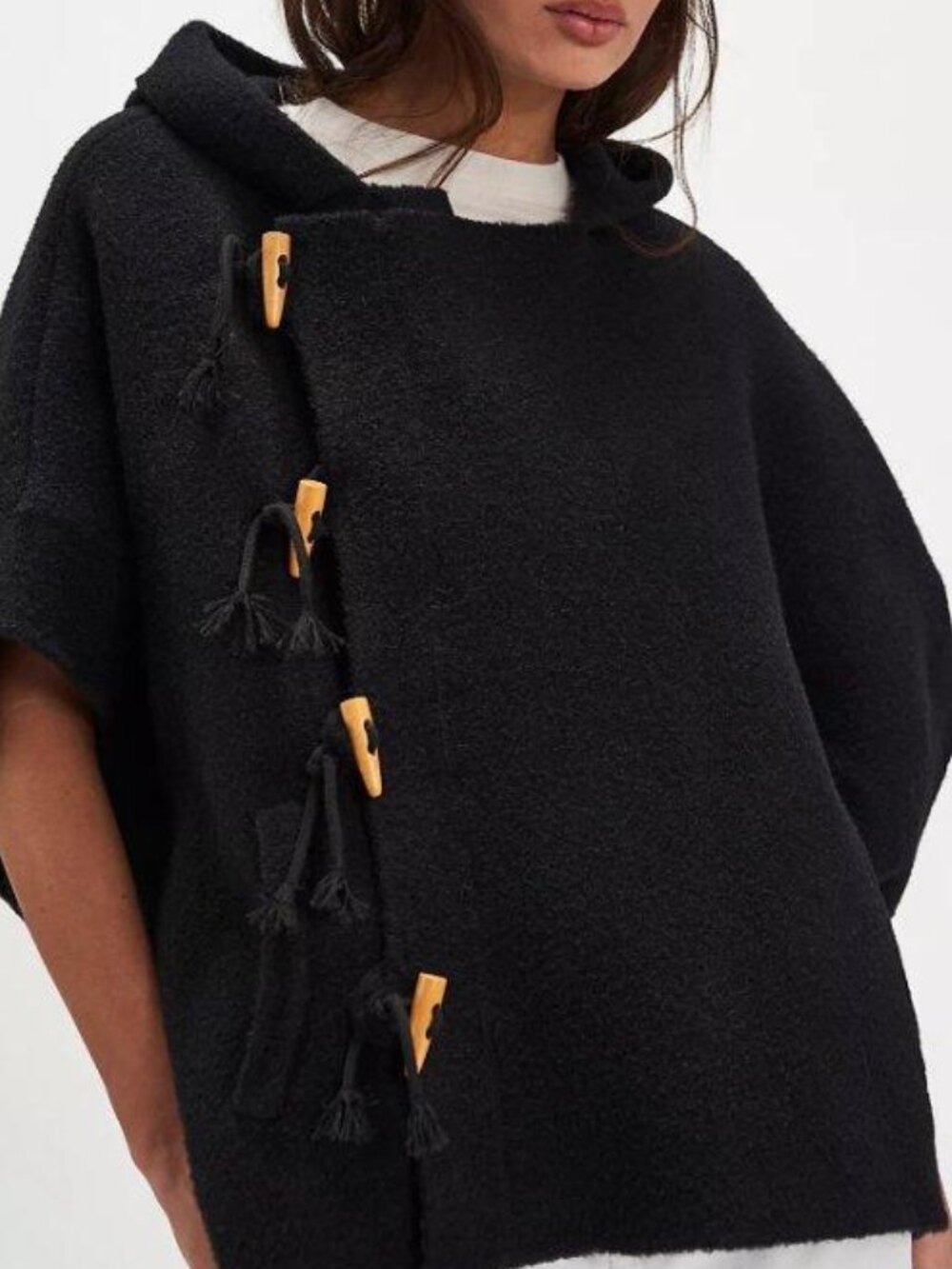 Free People Black Hooded Toggle Poncho Women's Oversized Knit One Size NWT